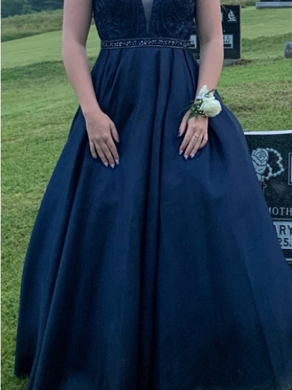 Elegant Navy Ball Gown Dress with Beaded Waist